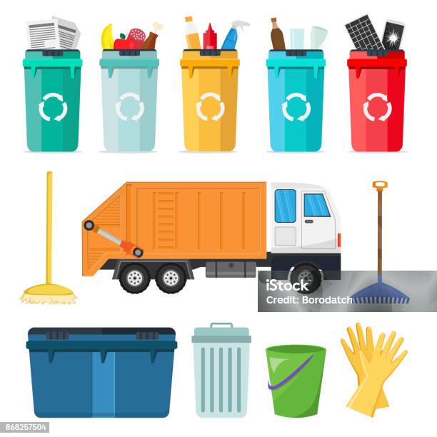 Big Set Of Garbage Sorting Bins Infographic Recycling Concept Ship The Trash Ecology City Flat Background Stock Illustration - Download Image Now
