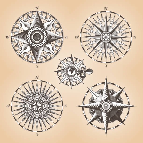 ilustrações de stock, clip art, desenhos animados e ícones de vintage old antique nautical compass rose - drawing compass compass rose direction sea