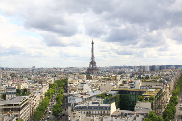 PARIS, JULY 2017: Skyline of Paris city with Eiffel Tower from above, France