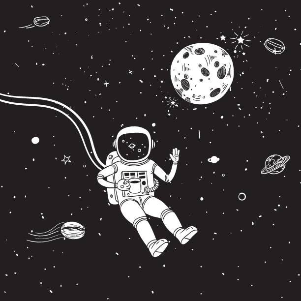 Astronaut - Coffee stop - Illustration Space Cafe, Coffee, Satellite, Galaxy, Moon, Space Travel Vehicle astronaut backgrounds stock illustrations