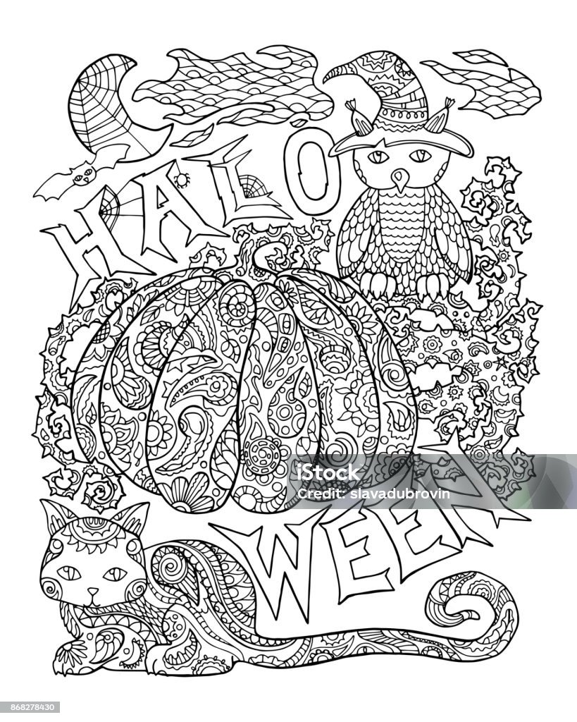 Halloween coloring page with pumpkin. Halloween vector illustration with owl, cat, spider. Halloween coloring page with pumpkin. Halloween vector illustration with owl, cat, spider. Outlined pumpkin with floral pattern. Creepy cute Halloween characters. Halloween pumpkin for adult coloring Halloween stock vector