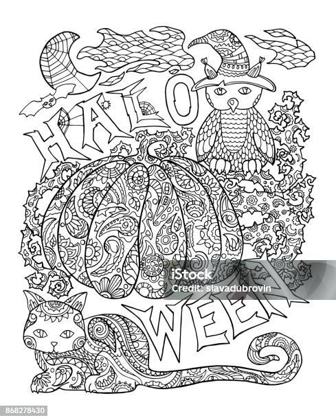 Halloween Coloring Page With Pumpkin Halloween Vector Illustration With Owl Cat Spider Stock Illustration - Download Image Now