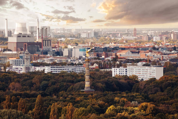 Panorama of Berlin and statue of victory stock photo