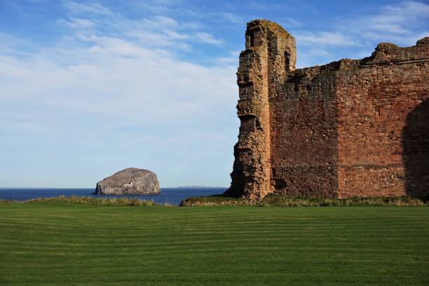 Tantallon Castle with Bass Rock North Berwick, East Lothian, Scotland - October 27, 2017: Front view of Tantallon Castle near North Berwick, Scotland, in the late October sunshine. Looking past the sandstone wall of the north wing of the castle the Bass rock is in the background. The Bass Rock is formed from a volcanic plug resulting in a small island where the Firth of Forth merges into the North Sea. north berwick scotland east lothian castle scotland stock pictures, royalty-free photos & images