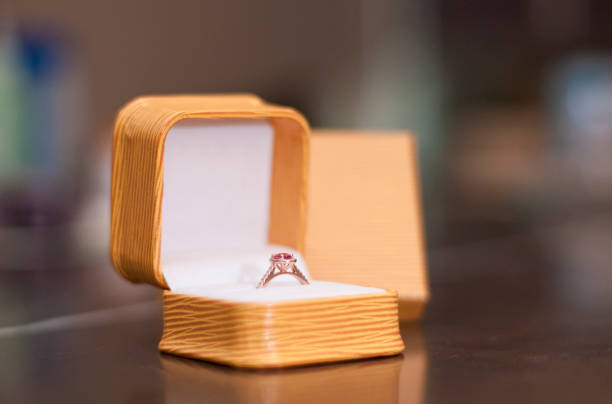 istock Pink sapphire engagement ring in yellow box 868282480