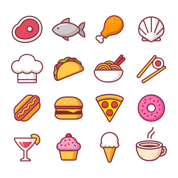 Restaurant food icon set Restaurant food bright cartoon icon set, different cuisines. Meat and seafood, drinks and desserts, ethnic dishes and fast food. Isolated vector illustration. chinese takeout stock illustrations