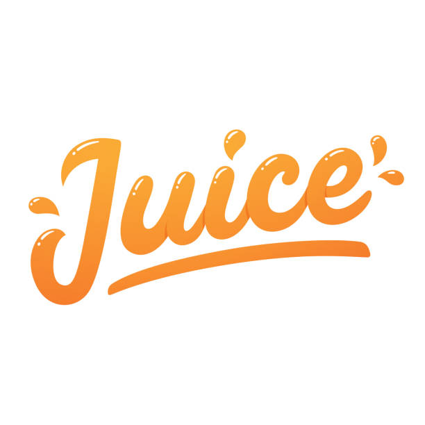 Juice logo lettering Orange juice, handwritten lettering with juicy drops. Isolated vector modern hand drawn text. juicy stock illustrations