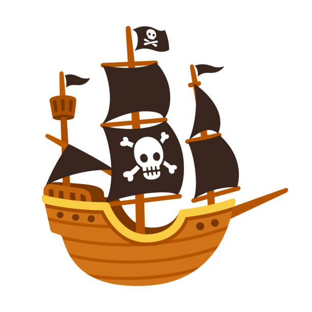 Pirate ship cartoon Stylized cartoon pirate ship illustration with Jolly Roger and black sails. Cute vector drawing. old ship cartoon stock illustrations