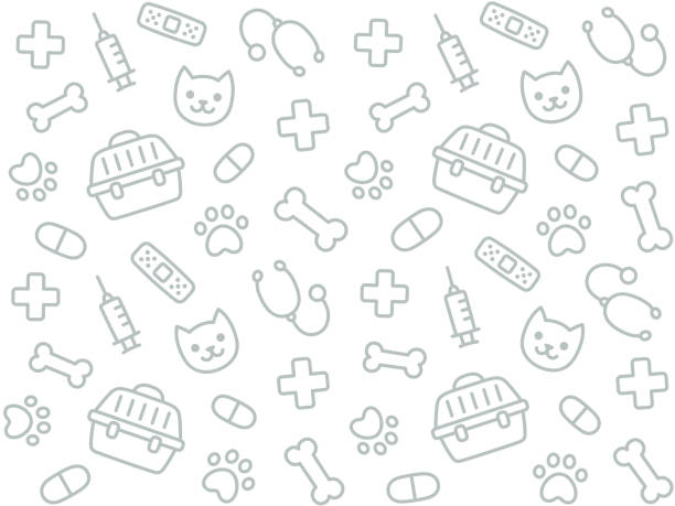 Vet seamless pattern Cute vet seamless pattern. Hand drawn texture of pets and veterinary equipment. animal hospital symbol stock illustrations