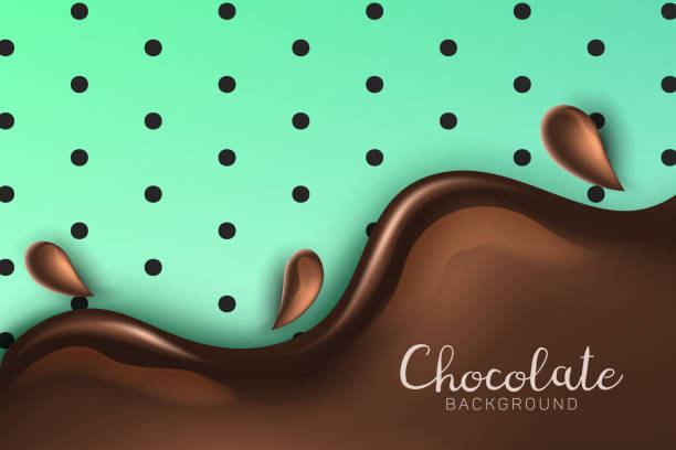 ilustrações de stock, clip art, desenhos animados e ícones de beautiful and realistic glossy chocolate flow with splash and drops on mint green background - chocolate backgrounds swirl pattern