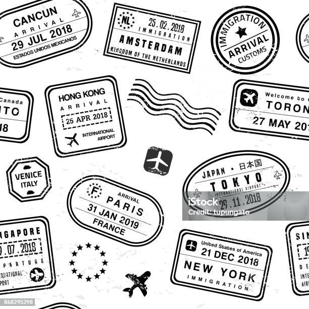 Туристические Марки — стоковая векторная графика и другие изображения на тему Резиновая печать - Резиновая печать, Путешествовать, Паспорт