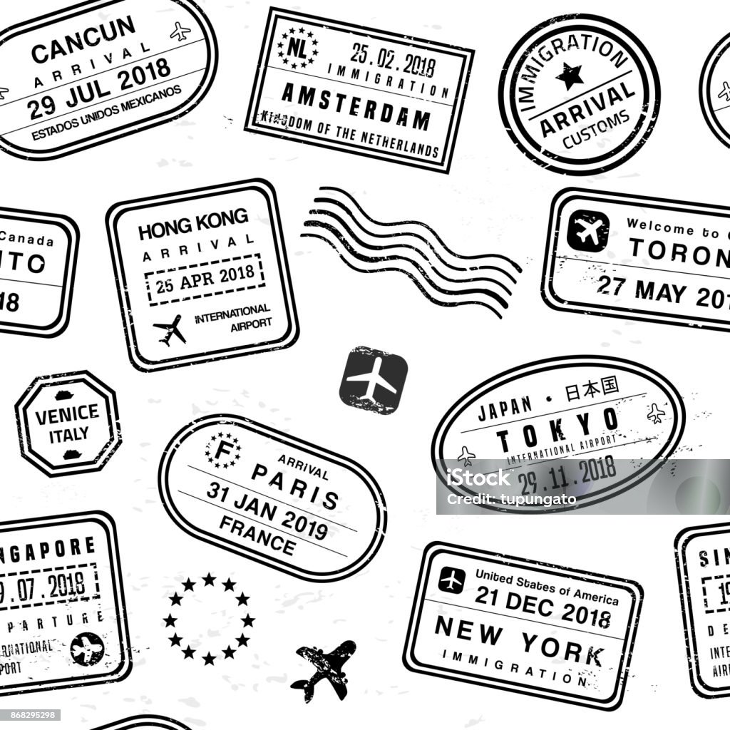 Travel stamps Travel background - passport stamps collage. Fictitious stamps set. Rubber Stamp stock vector