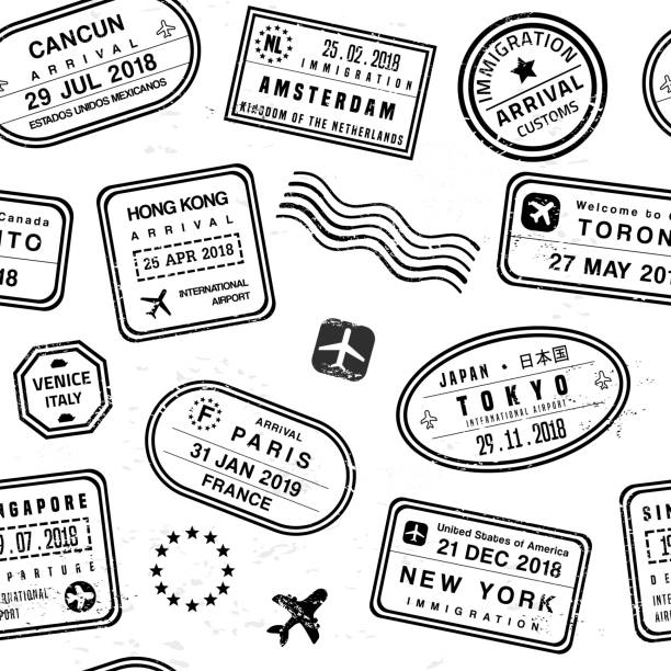 Travel stamps Travel background - passport stamps collage. Fictitious stamps set. journey patterns stock illustrations