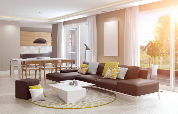 istock Sunny luxury living room interior with modern brown sofa 868296192