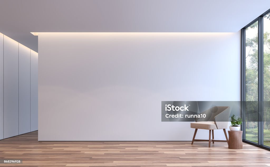 Modern white living minimal style 3d rendering image Modern white living minimal style 3d rendering image.The room has wooden floor,There are large window overlooking to the nature Wall - Building Feature Stock Photo