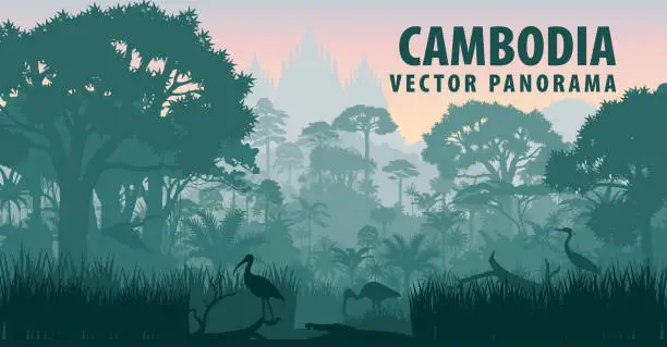 Vector illustration of vector panorama of Cambodia with crocodile, herons and ibis in jungle rainforest wetland