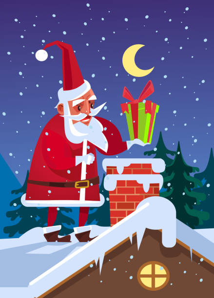 istock Happy smiling Santa Claus put gift box in chimney. Marry Christmas and Happy New Year concept 868306380