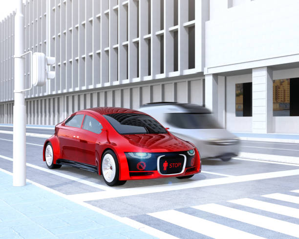 istock Self-driving car's front grille showing digital signage for pedestrian 868306490
