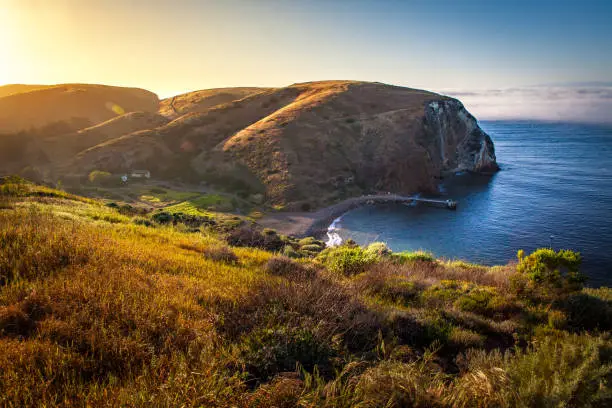 Overlooking Scorpion Anchorage, and historic Scorpion Ranch at sunset, on the eastern edge of Santa Cruz Island.