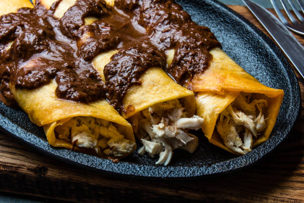 istock Mexican cuisine. Traditional Mexican chicken enchiladas with spicy chocolate salsa mole poblano. Enchiladas with sauce moole from Puebla, Mexico 868324250