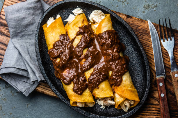 istock Mexican cuisine. Traditional Mexican chicken enchiladas with spicy chocolate salsa mole poblano. Enchiladas with sauce moole from Puebla, Mexico 868324252