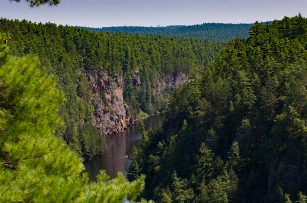 Two canoes row through Barron Canyon on a bright summer day.