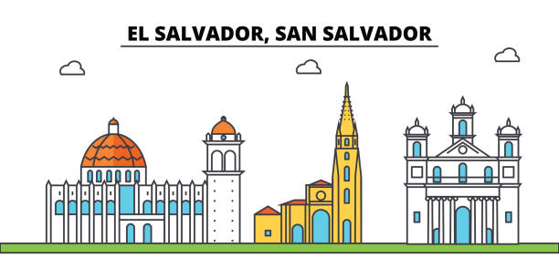 El Salvador, San Salvador outline city skyline, linear illustration, banner, travel landmark, buildings silhouette,vector El Salvador, San Salvador outline city skyline, linear illustration, line banner, travel landmark, buildings silhouette,vector el salvador landmarks stock illustrations