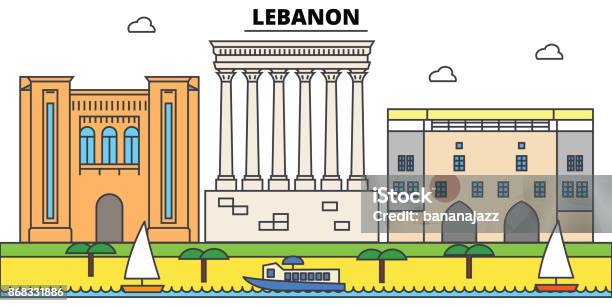 레바논 개요 도시 스카이 라인 선형 삽화 배너 여행 랜드마크 건물 실루엣 벡터 레바논-중동에 대한 스톡 벡터 아트 및 기타 이미지 - 레바논-중동, 도시, 집