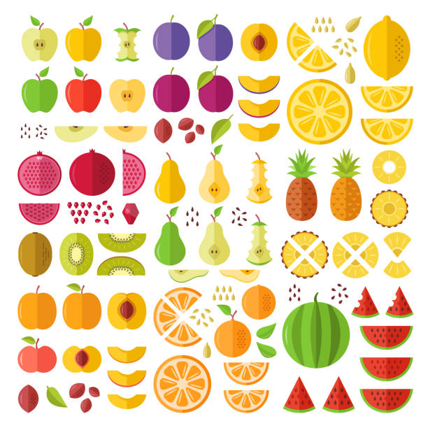 ilustraciones, imágenes clip art, dibujos animados e iconos de stock de frutas. conjunto de iconos plano. frutas enteras, rodajas, cortes, cuñas, mitades, semillas, pozos, etcetera. elementos gráficos de diseño plano. iconos de vector - fruit apple orange lemon