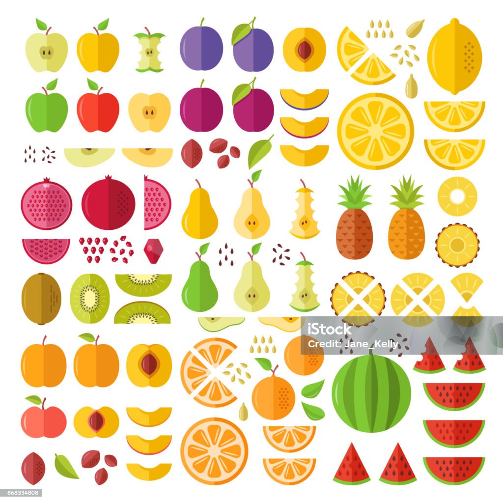 Fruits. Flat icons set. Whole fruits, slices, cuts, wedges, halves, seeds, pits, etc. Flat design graphic elements. Vector icons Fruits. Flat icons set. Whole fruits, slices, cuts, wedges, halves, seeds, pits, etc. Flat design graphic elements for web sites, mobile apps, web banner, infographics, printed materials. Vector icons Fruit stock vector