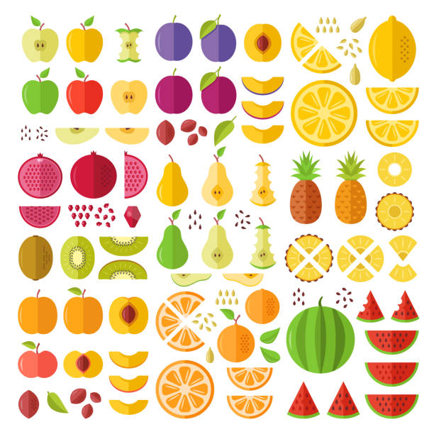Fruits. Flat icons set. Whole fruits, slices, cuts, wedges, halves, seeds, pits, etc. Flat design graphic elements. Vector icons Fruits. Flat icons set. Whole fruits, slices, cuts, wedges, halves, seeds, pits, etc. Flat design graphic elements for web sites, mobile apps, web banner, infographics, printed materials. Vector icons green apple slices stock illustrations