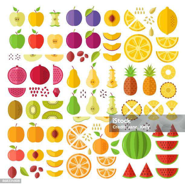 Fruits Flat Icons Set Whole Fruits Slices Cuts Wedges Halves Seeds Pits Etc Flat Design Graphic Elements Vector Icons Stock Illustration - Download Image Now