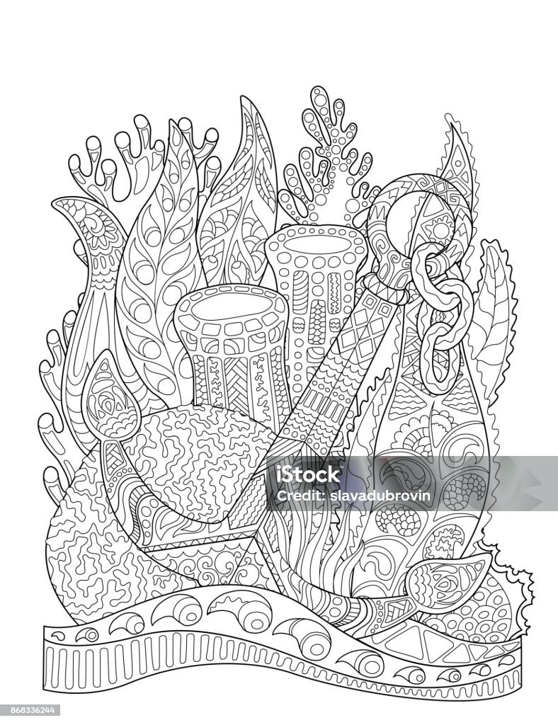 Anchor in seaweeds and corals. Anchor in coral reef. Vector adult coloring page. Anchor in seaweeds and corals. Anchor in coral reef. Vector adult coloring page. Underwater illustration. Black line doodle coloring page. Summer travel adult coloring book. Seaworld coloring book Coloring Book Page - Illlustration Technique stock vector