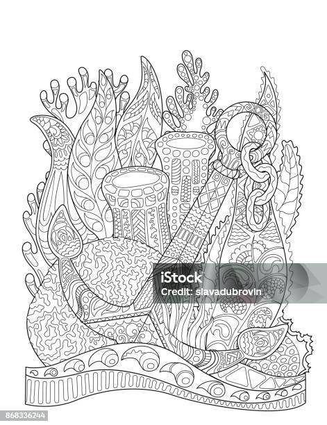 Anchor In Seaweeds And Corals Anchor In Coral Reef Vector Adult Coloring Page Stock Illustration - Download Image Now