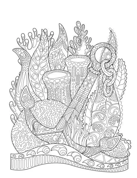 Vector illustration of Anchor in seaweeds and corals. Anchor in coral reef. Vector adult coloring page.