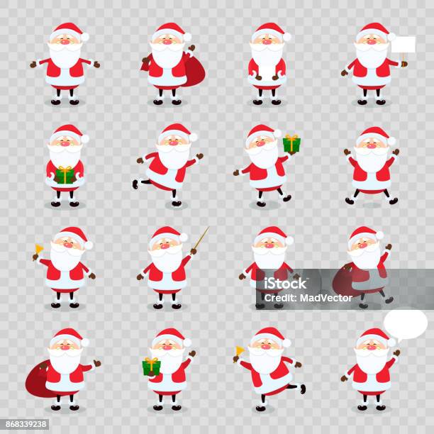 Cute Vector Santa Claus Icon Set In Flat Style Isolated On Transparency Grid Background Christmas Collection Xmas And New Year Character Funny Santa With Different Emotions Design Template Stock Illustration - Download Image Now