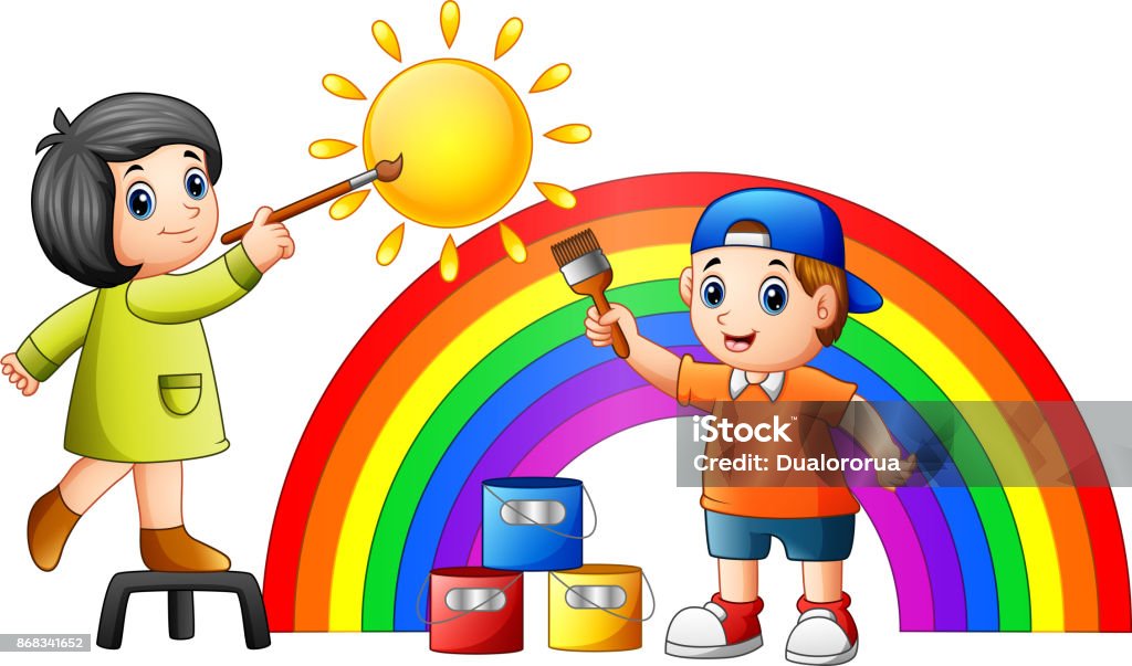 Cartoon Kids Painting Rainbow And Sun Stock Illustration - Download Image  Now - Child, Painting - Activity, Rainbow - iStock