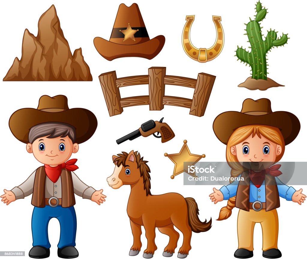 Cartoon Cowboy And Cowgirl With Wild West Elements Stock Illustration -  Download Image Now - Cowboy, Cartoon, Horse - iStock