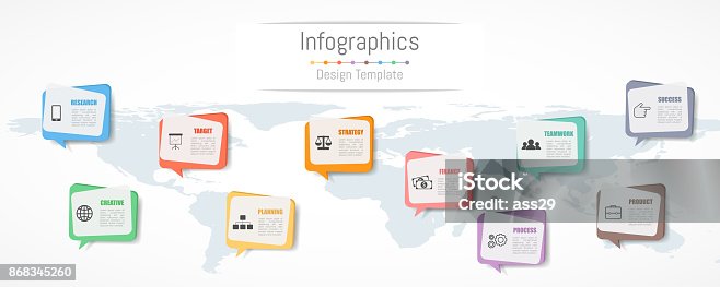 istock Infographic design for your business data with 10 options, parts, steps, timelines or processes.  Communication network concept,  Vector Illustration. World map of this image furnished by NASA 868345260