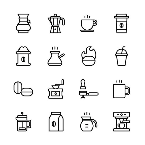 커피 아이콘-line - coffee coffee bean coffee grinder cup stock illustrations