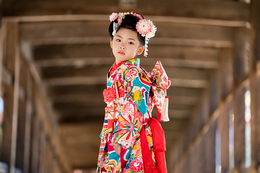 A young Japanese girl wearing a traditional kimono while celebrating her shichi go san