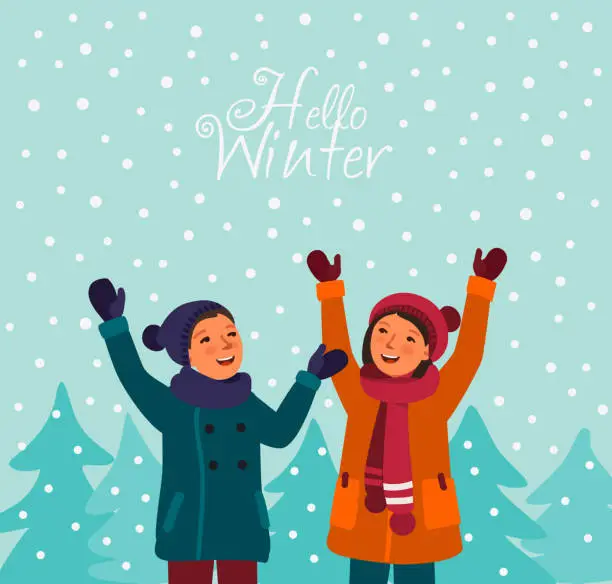 Vector illustration of Happy and smiling girl and boy having fun outdoor in winter forest under snowflakes. Magic snowfall. Christmas and New Year vector illustration