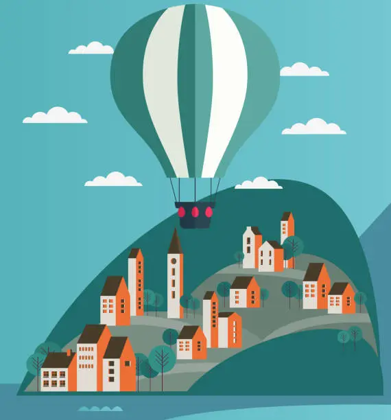 Vector illustration of Hot air balloon flying over beautiful landscape with town and hills. Nature, camping, travel, vacation and holiday vector concept