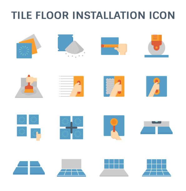 타일 바닥 아이콘 - repairing floor glue wood stock illustrations