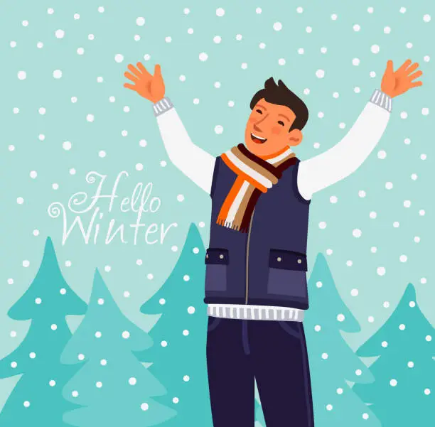 Vector illustration of Young, happy and smiling man having fun outdoor in winter forest under snowflakes. Magic snowfall. Christmas and New Year vector illustration