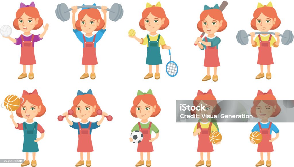 Little caucasian girl vector illustrations set Little caucasian girl set. Girl spinning a basketball ball on his finger, exercising with dumbbells, holding football ball. Set of vector sketch cartoon illustrations isolated on white background. Active Lifestyle stock vector