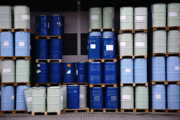 The storage of toxic waste and chemicals in metal cans on the factory premises of a chemical plant.