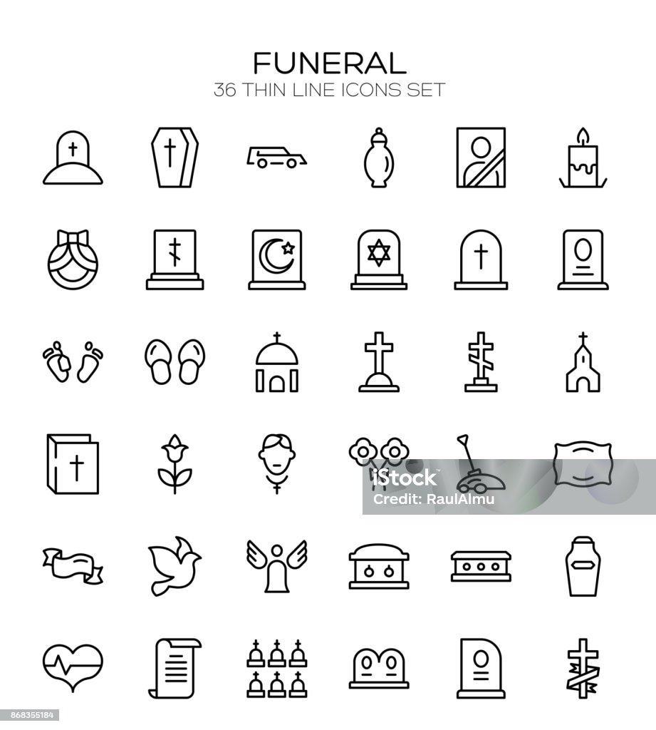 Funeral icon set Funeral icon set. Collection of high quality outline Burial pictograms in modern flat style. Black angel, coffin, deth, grave  icon for web design and mobile app on white background. Funeral stock vector