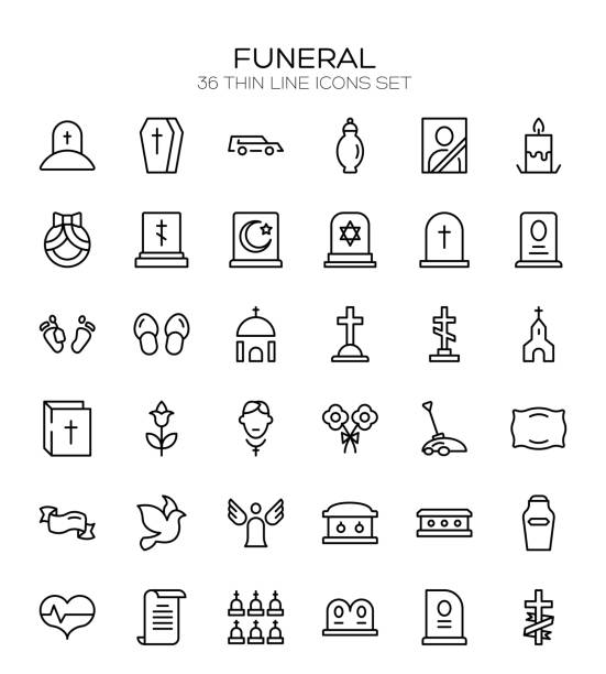 Funeral icon set Funeral icon set. Collection of high quality outline Burial pictograms in modern flat style. Black angel, coffin, deth, grave  icon for web design and mobile app on white background. Funeral stock illustrations