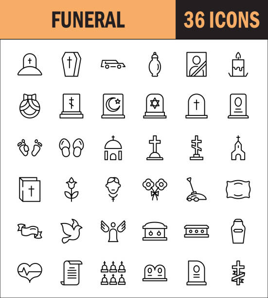 Funeral icon set Funeral icon set. Collection of high quality outline Burial pictograms in modern flat style. Black angel, coffin, deth, grave  icon for web design and mobile app on white background. death icon stock illustrations